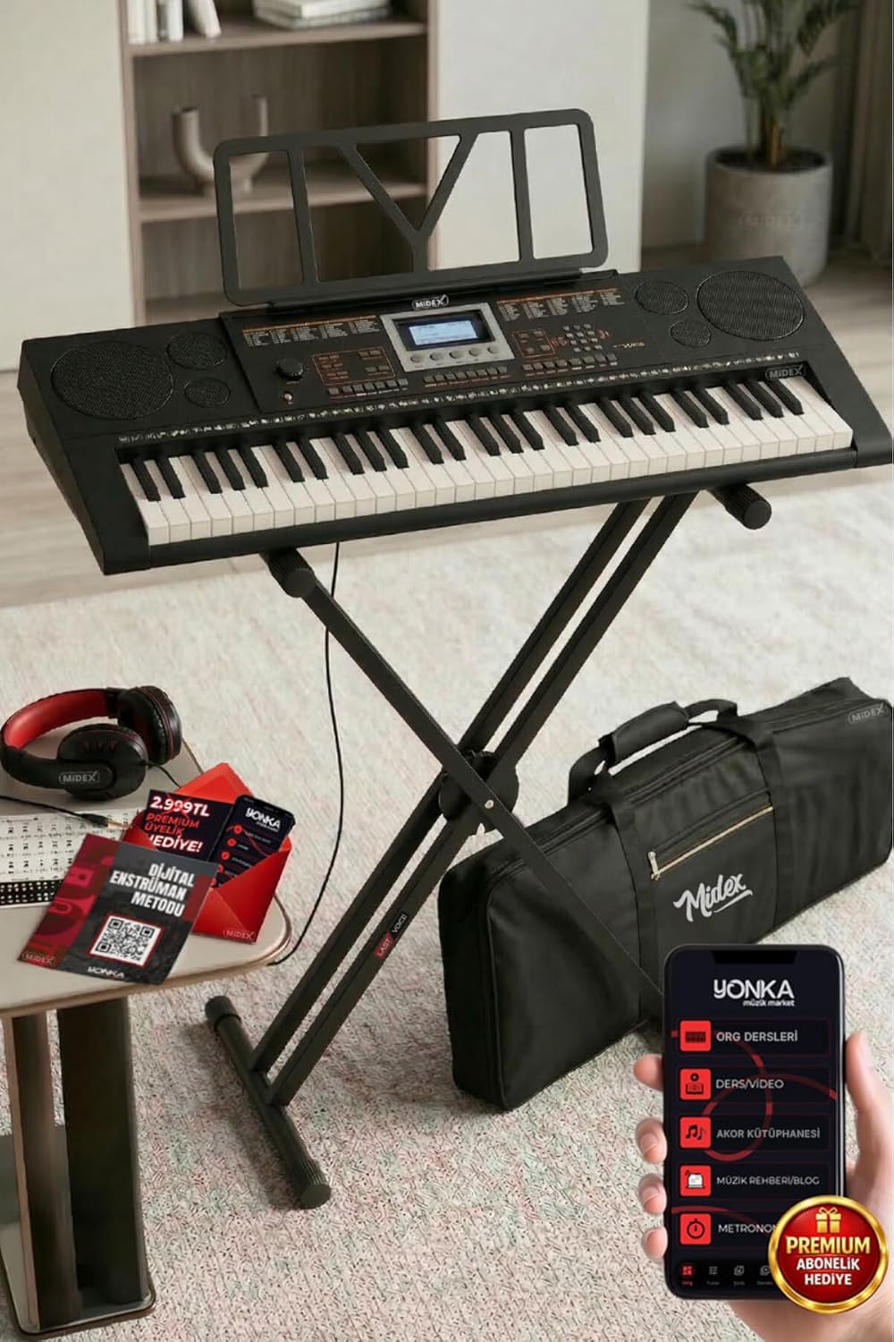 61-Key Electronic Keyboard with Touch Sensitivity, Stand, Bag, Headphones, Music Rest, Adapter, and Method Book