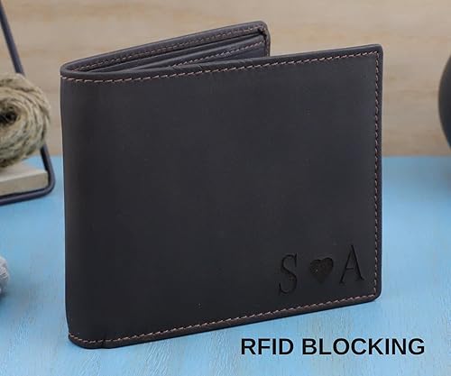 Miniatura 3 de Billetera plegable personalizada con bloqueo RFID de cuero genuino marrón oscuro para hombre con ventana de identificación, cartera grabada para