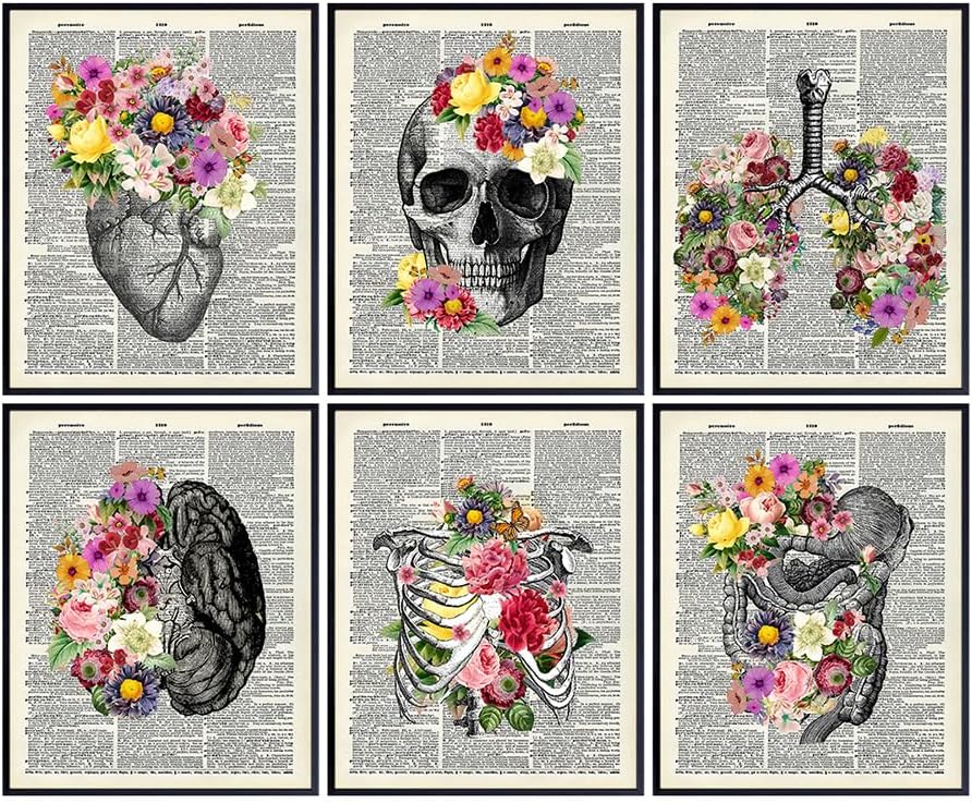 Vintage Human anatomy Poster Set LARGE 11x14 - Floral Wall Art for Medical Student, Physician - Retro Wall Decor for Hospital, Clinic, Doctor Office - Unique Gift for ER Nurse, Shabby Chic Decor