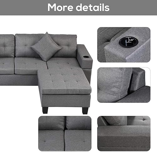 Miniatura 5 de Recaceik Sofá modular con soporte para tazas, juego de sofá modular de tela, moderno sofá en forma de L con tumbona, sofás esquineros tapizados