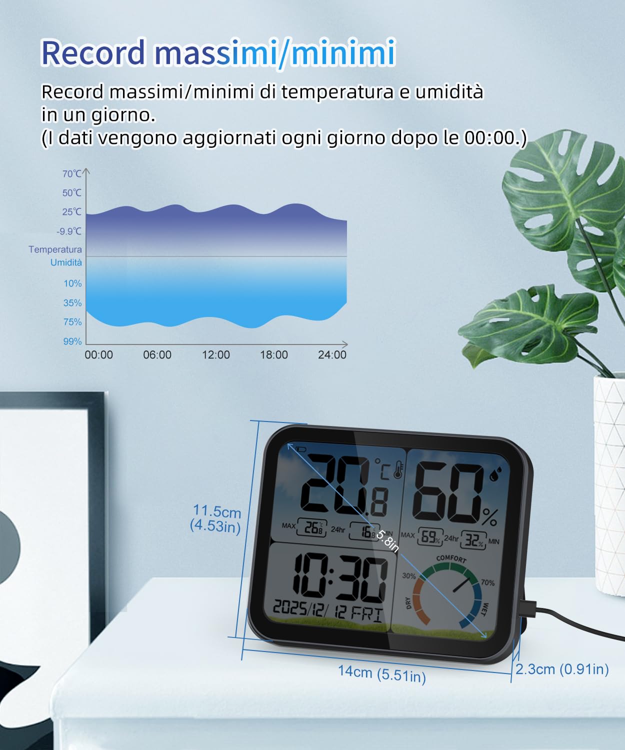 VOCOO Termometro digitale per interni – 5,8 pollici,display extra grande,misuratore di umidità accurato,termometro per ambiente con calibrazione,registrazioni max-Min,comfort,controluce,data (Black)