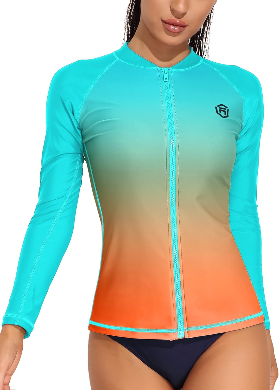 ATTRACO Women's Long Sleeve Rash Guard UV Sun Protection Zipper Gradient Swimsuit Top