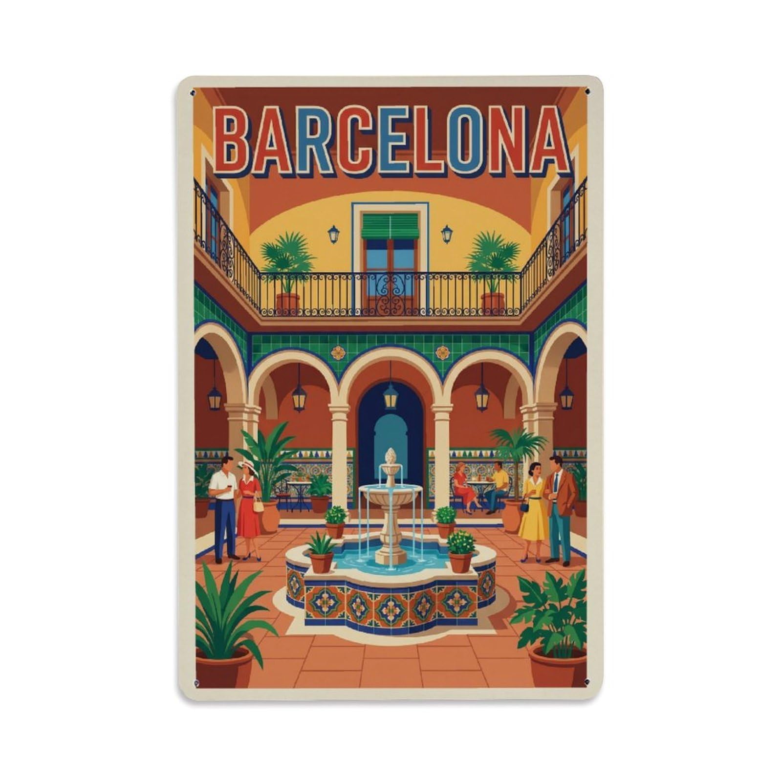 Vintage Travel Courtyard Spain Enclosed Metal Tin Sign