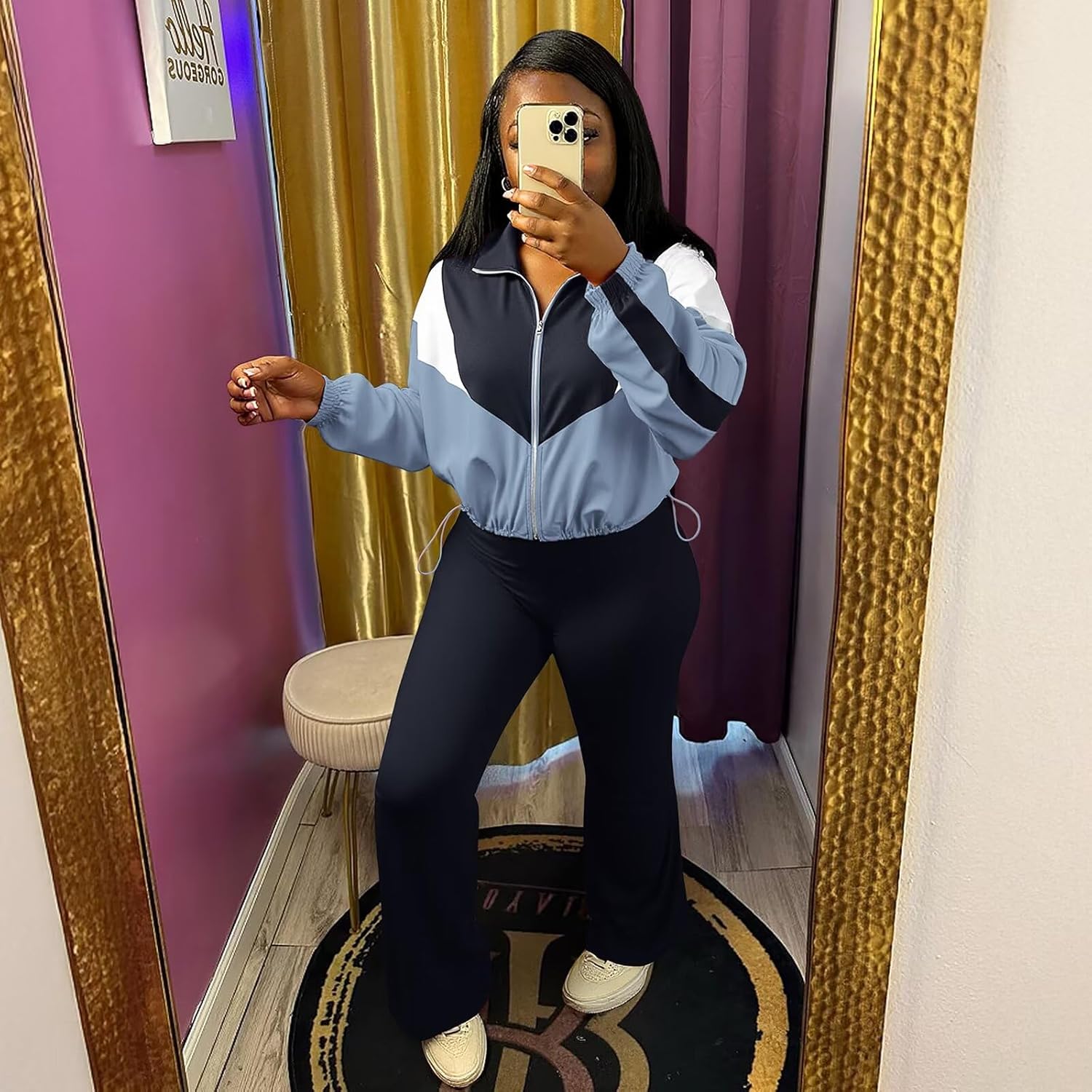 Ophestin Women 2 Piece Outfits Sweatsuits Color Block Long Sleeve Zip Up Cropped Jacket Jogger Pant Set Tracksuits - Image 3