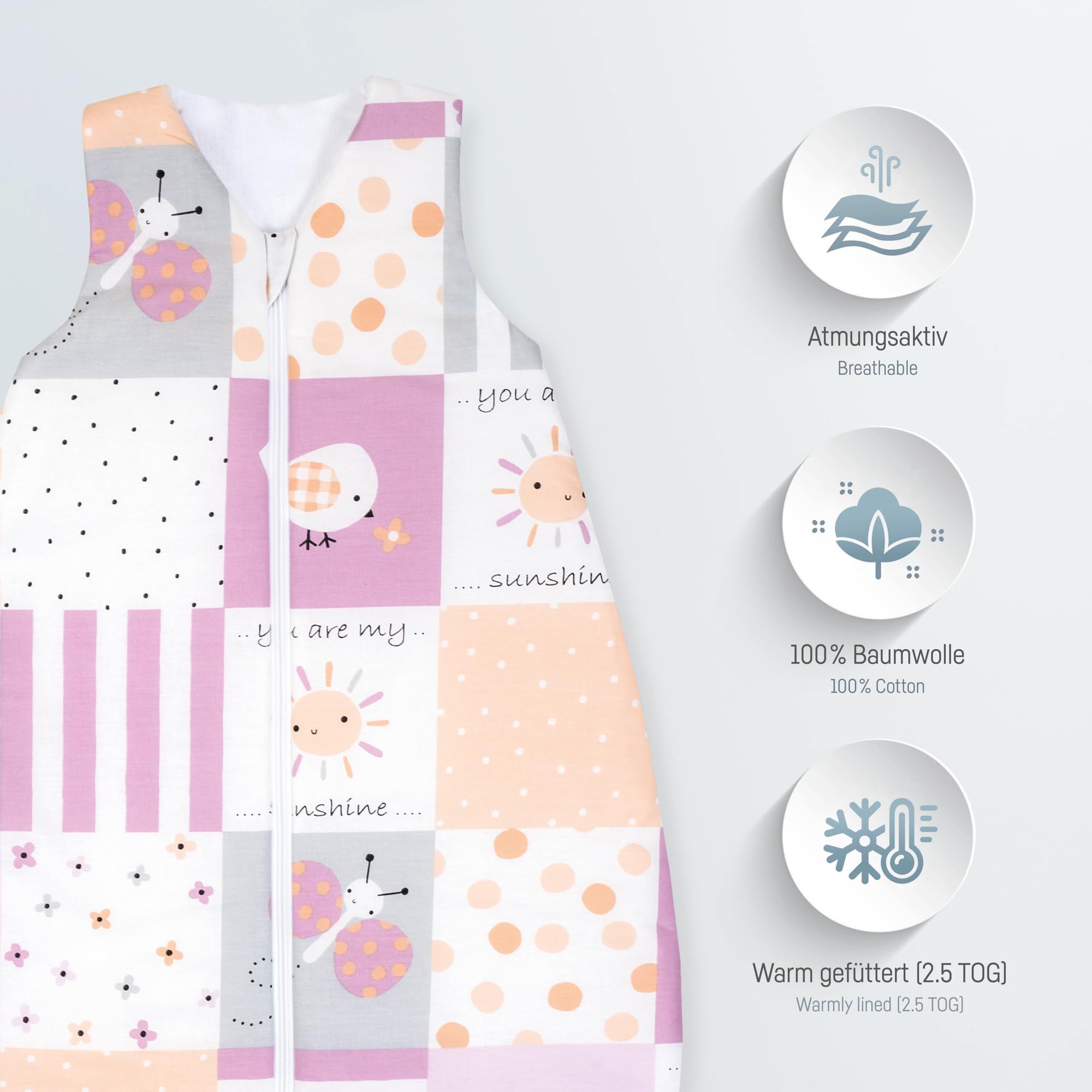 Julius Zöllner Schlafsack, warme Füllung 2,5 TOG, waschbar bei 60°C, Made in Germany, Oeko TEX Standard 100, Patch Rose, Gr. 110