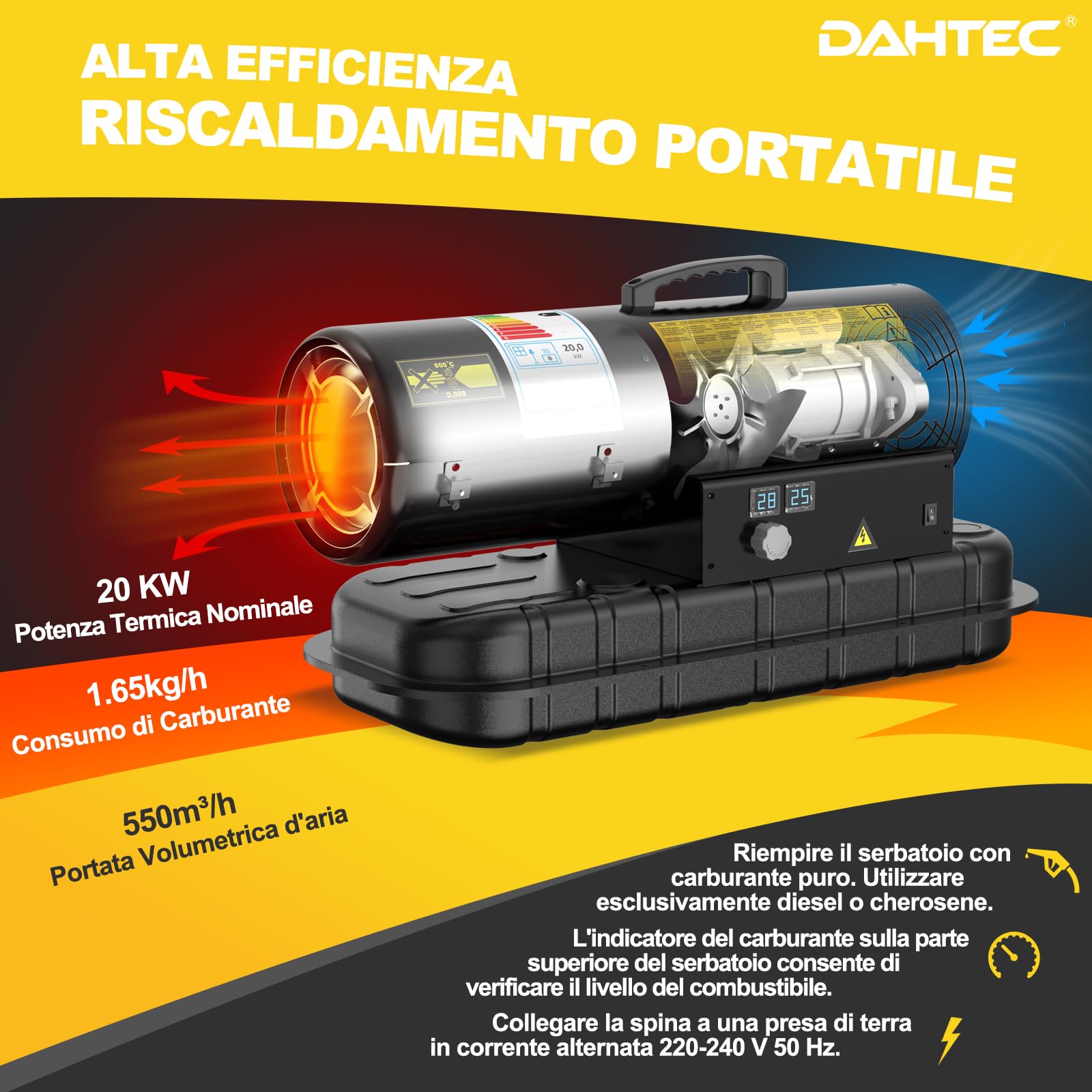 Riscaldatore Diesel 20 kW - Termoventilatore Industriale | Portata 550 m³/h - Termostato Regolabile & Indicatore Livello Gasolio - Per Officine, Cantieri, Uso Agricolo