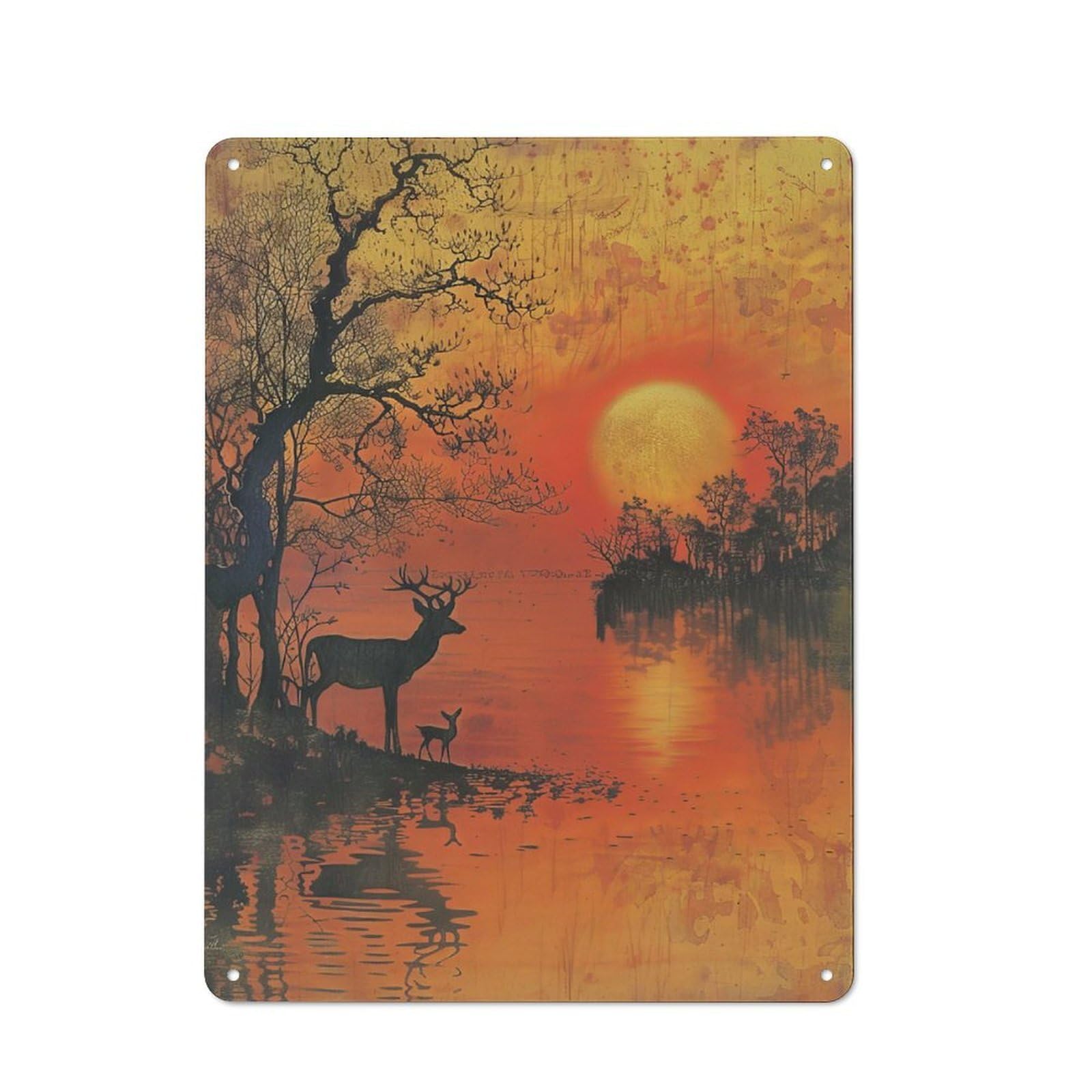 Deer And Fawn by Lake at Sunset Rustic Metal Plaque 40x30cm for Guest Room Or Hallway, A Decorative Metal Sign for Guest Rooms And Hallways
