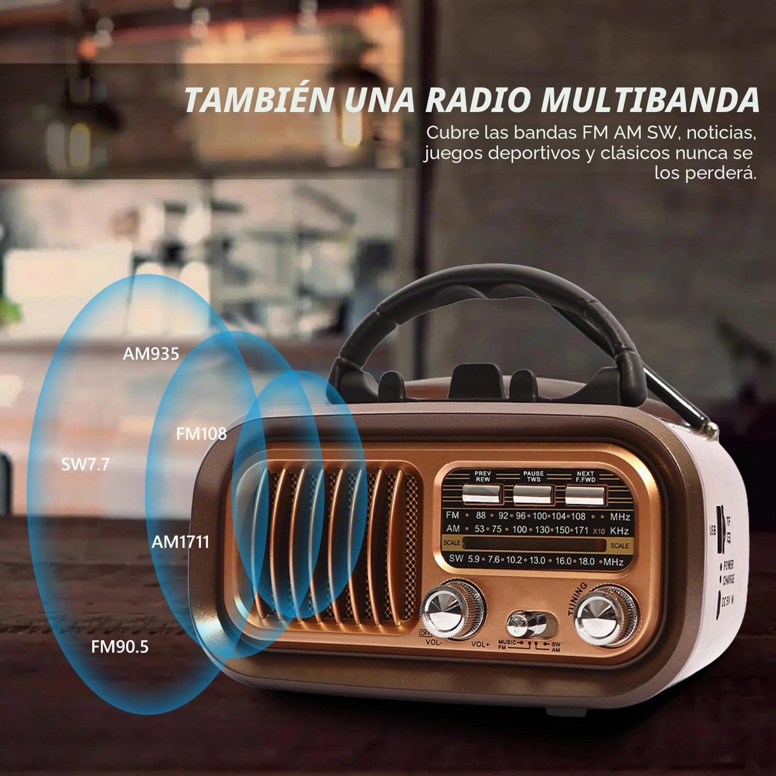 Radio retro con Bluetooth, AM/FM/SW Retro Radio Pequeño Solar Altavoz Bluetooth portátil con batería de 1200 mAh, compatible con USB/TF, radios vintage para el hogar, la oficina, el exterior