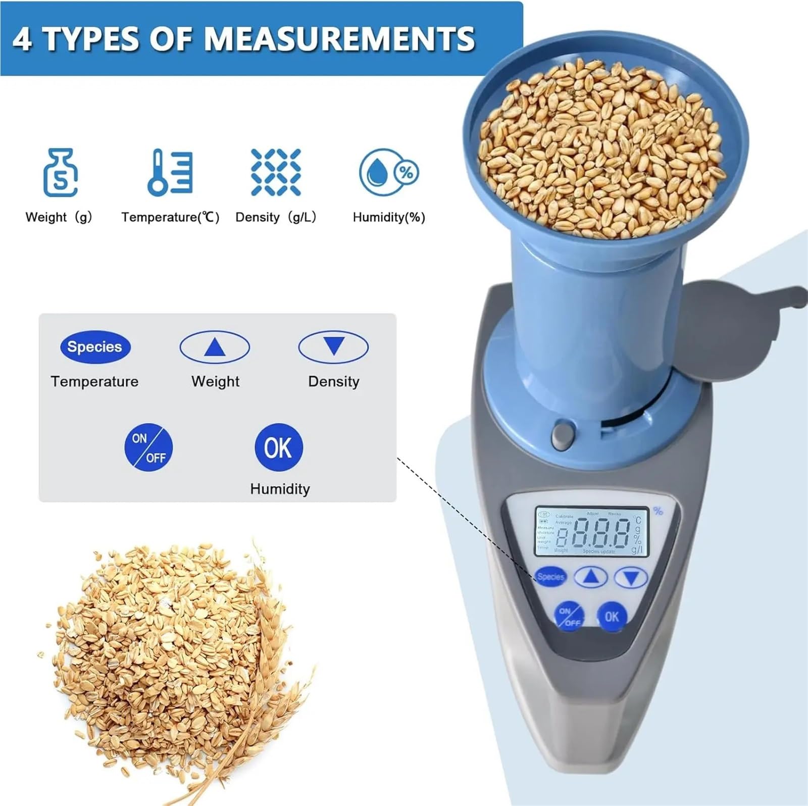 Analizador de humedad de granos, precisión del 0,5%, rango del 3 al 35%, compensación automática de temperatura, pantalla LCD, arroz, trigo y maíz.
