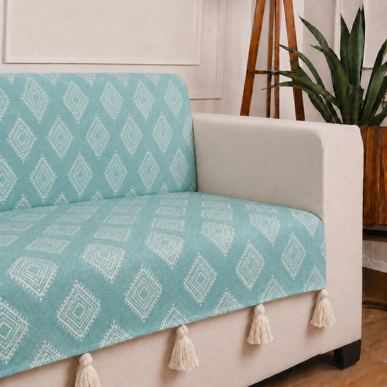 STITCHNEST 'Verdant Rekhika Stories' 3 Seater Sofa Cover | Full Coverage with Armrest Pockets | Elegant Jacquard Fabric, Decorative Tassels, Washable & Durable for Modern Living