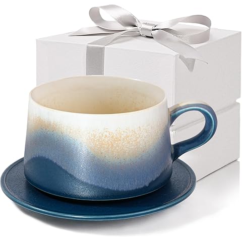 Ceramic Mug Set, Coffee Mugs with Saucer, 7.4 OZ Coffee Cups for Home and Office, T...