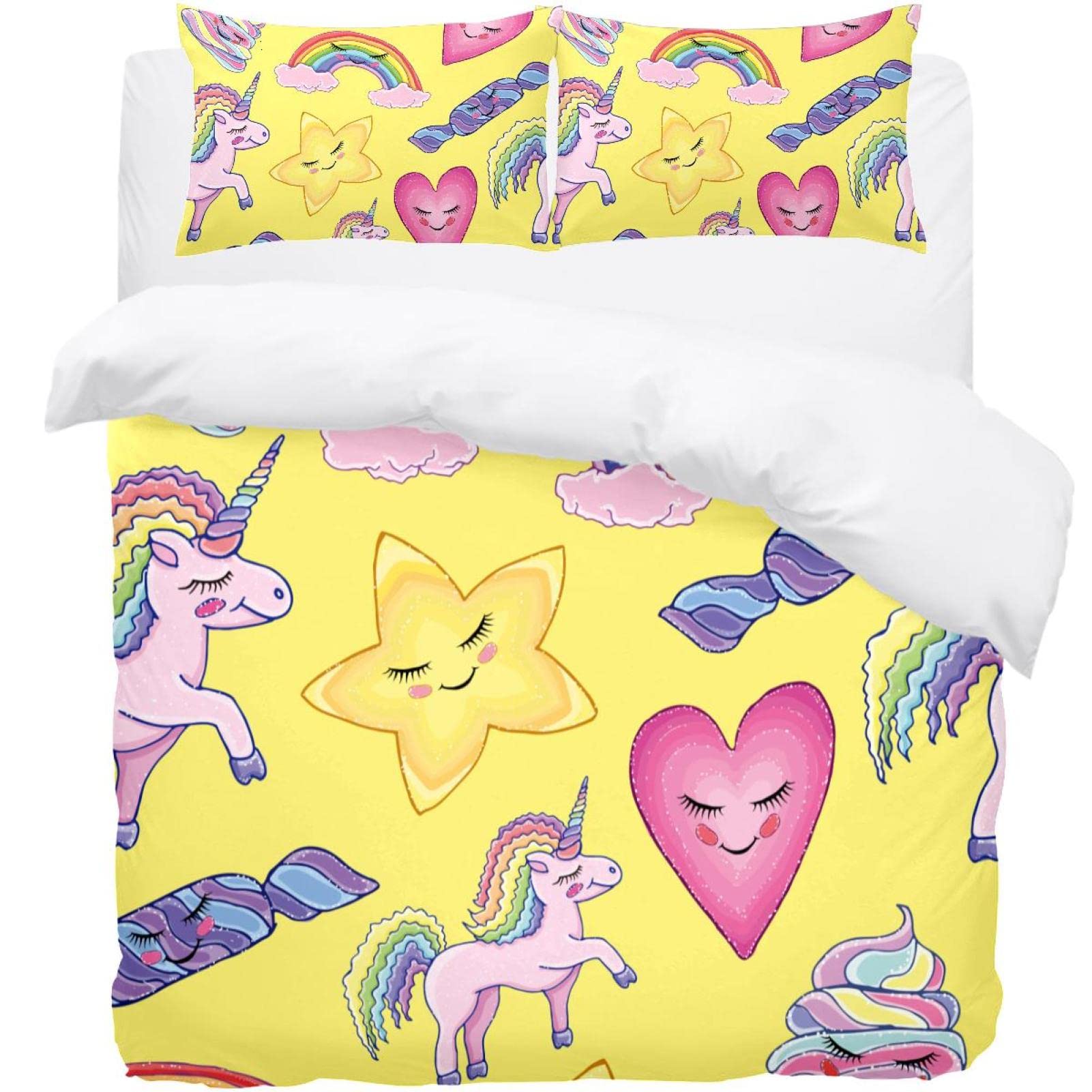 Parure de lit simple licorne avec housse de couette jaune bonbon 3 pièces
