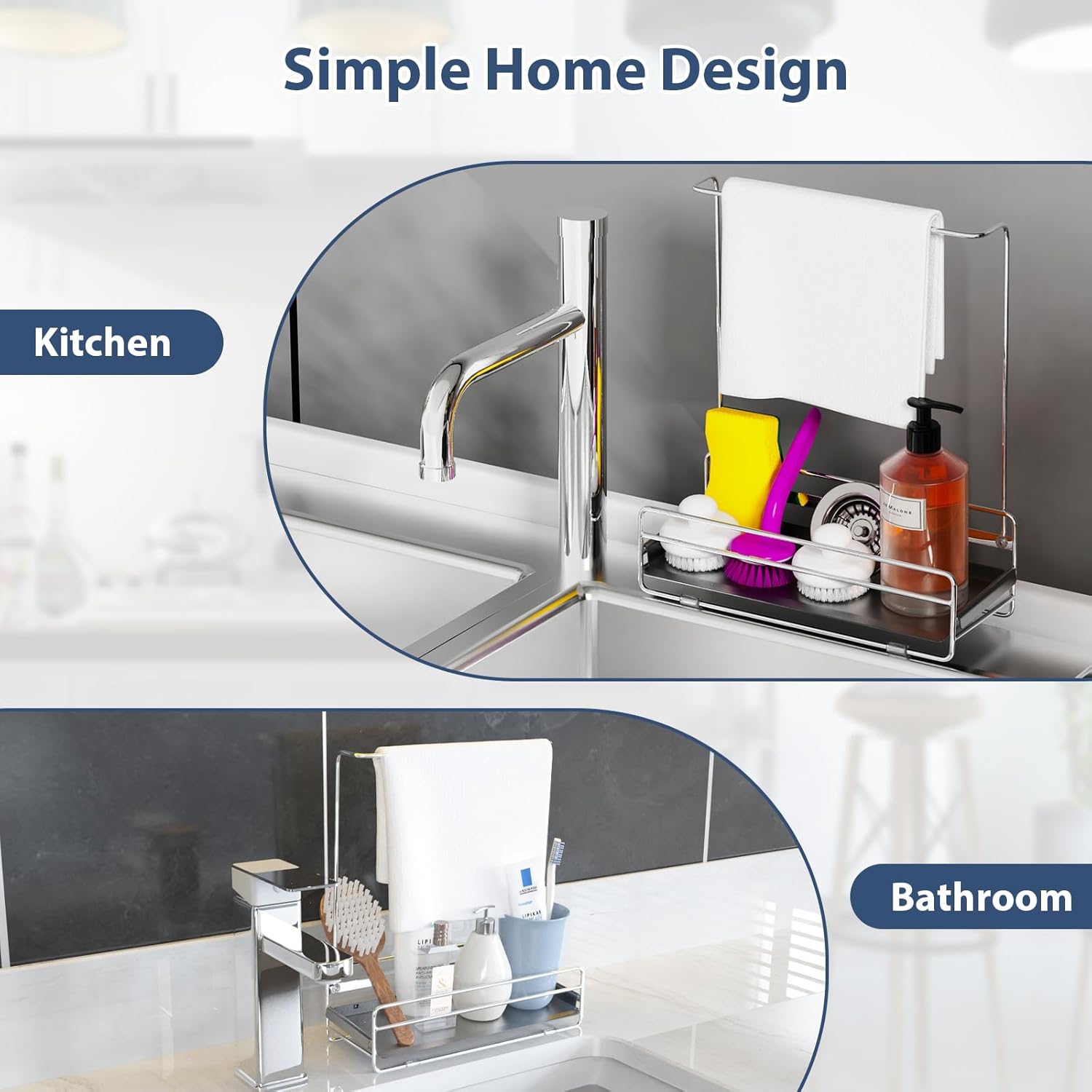 KABUM 304 Stainless Steel Sponge Holder with Towel Rack for Kitchen Sink, Sink Caddy with 4 Non-Slip Silicone Pads, Kitchen Essential Countertop Storage & Organization, Rustproof 304 Stainless Steel