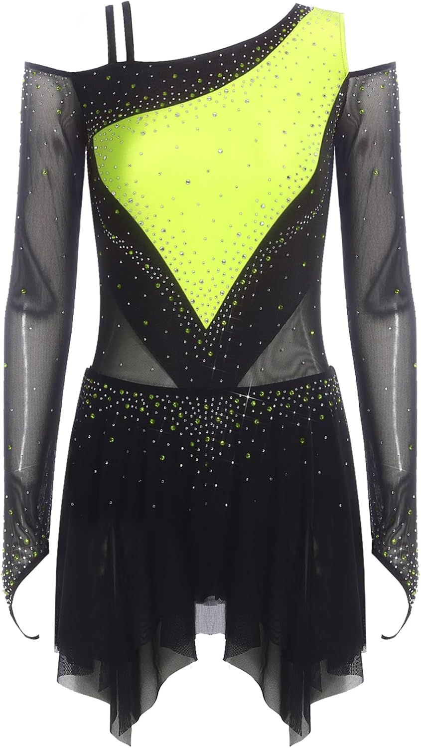 Women's Rhinestone Figure Ice Skating Dress Long Sleeve Irregular Mesh Hem Ballet Dance Leotard Dress Costume