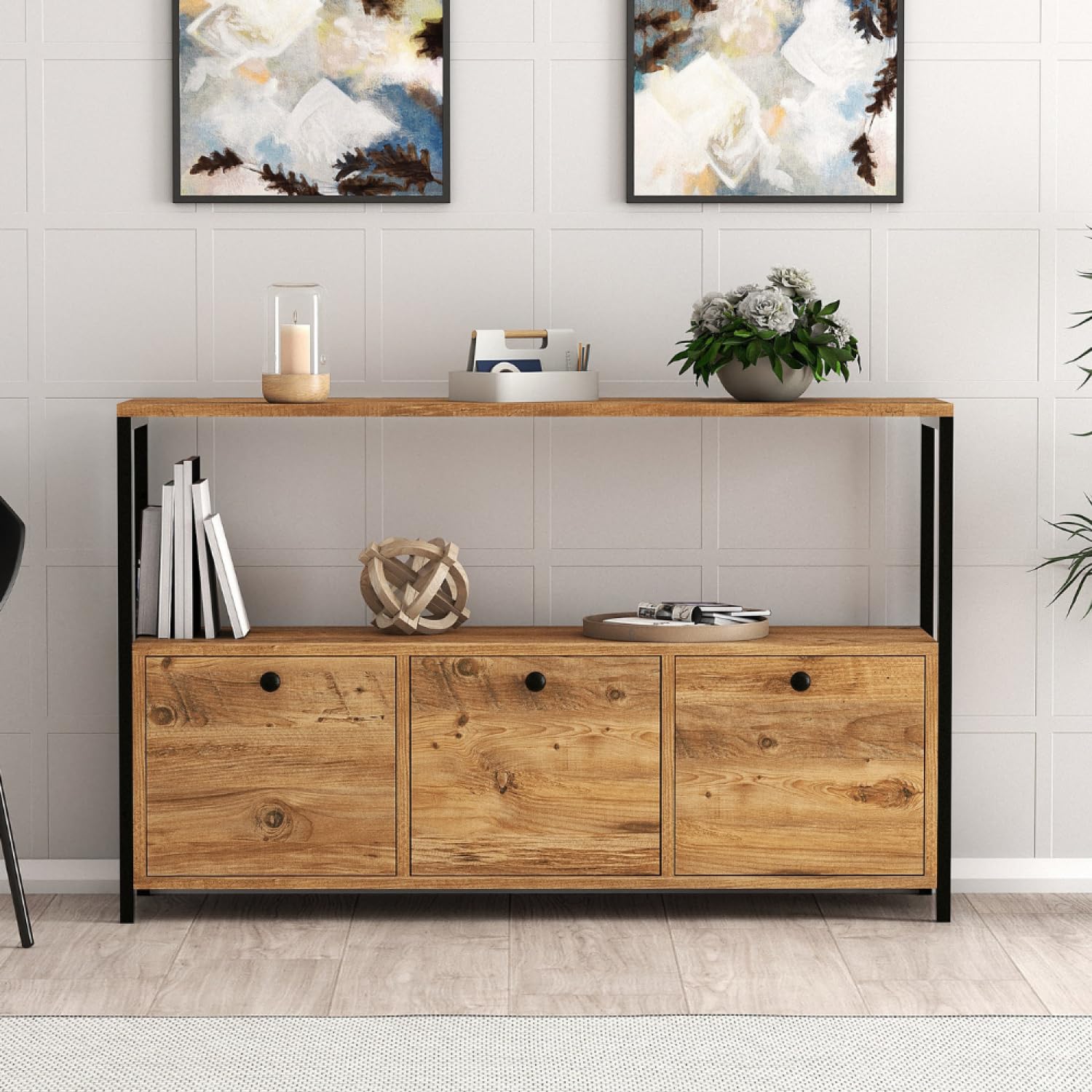 CONCEPTO FÁBRICA | FERO - Aparador industrial de 3 puertas | Madera y metal negro | 120 x 30 x 75 cm | Gran espacio de almacenamiento con estante | Diseño moderno y funcional | Montaje fácil