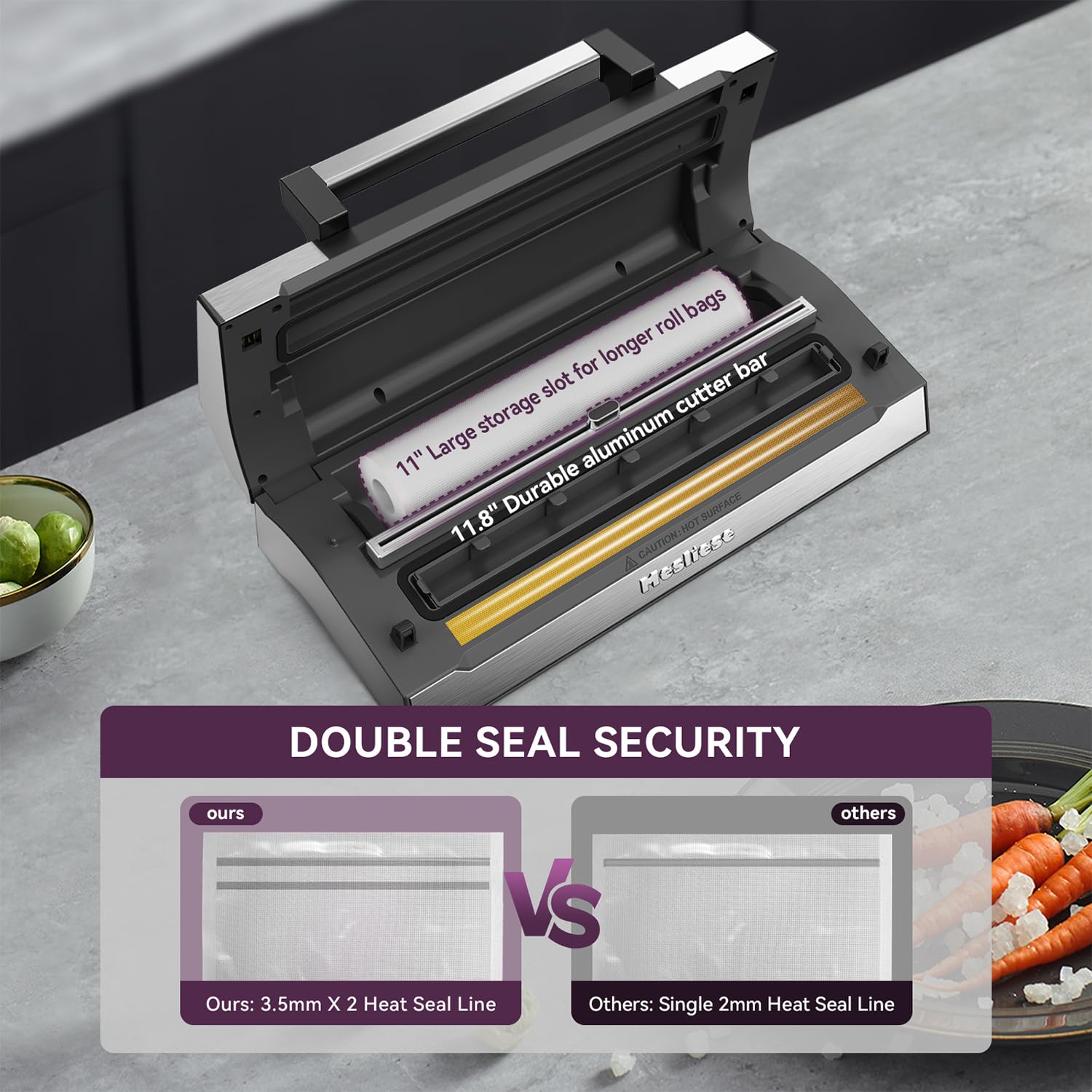 Macchina sigillatrice sottovuoto, superpotente sigillatore alimentare di progettazione da 95kPa 140W a impugnatura manuale, lamina a doppia chiusura con indicatore incorporato Cutter & Countdown