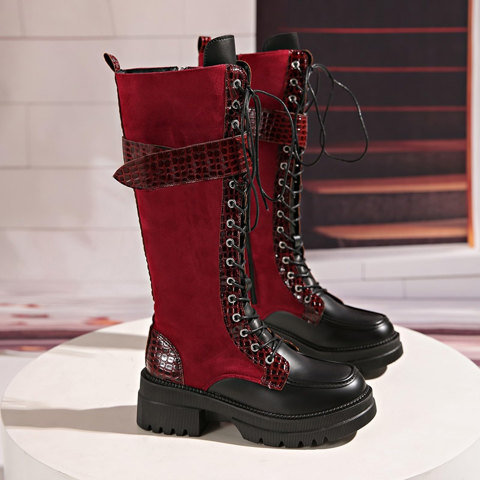 Springerstiefel Damen Kniehoch Schnürstiefel Leder Plateau Combat Boots