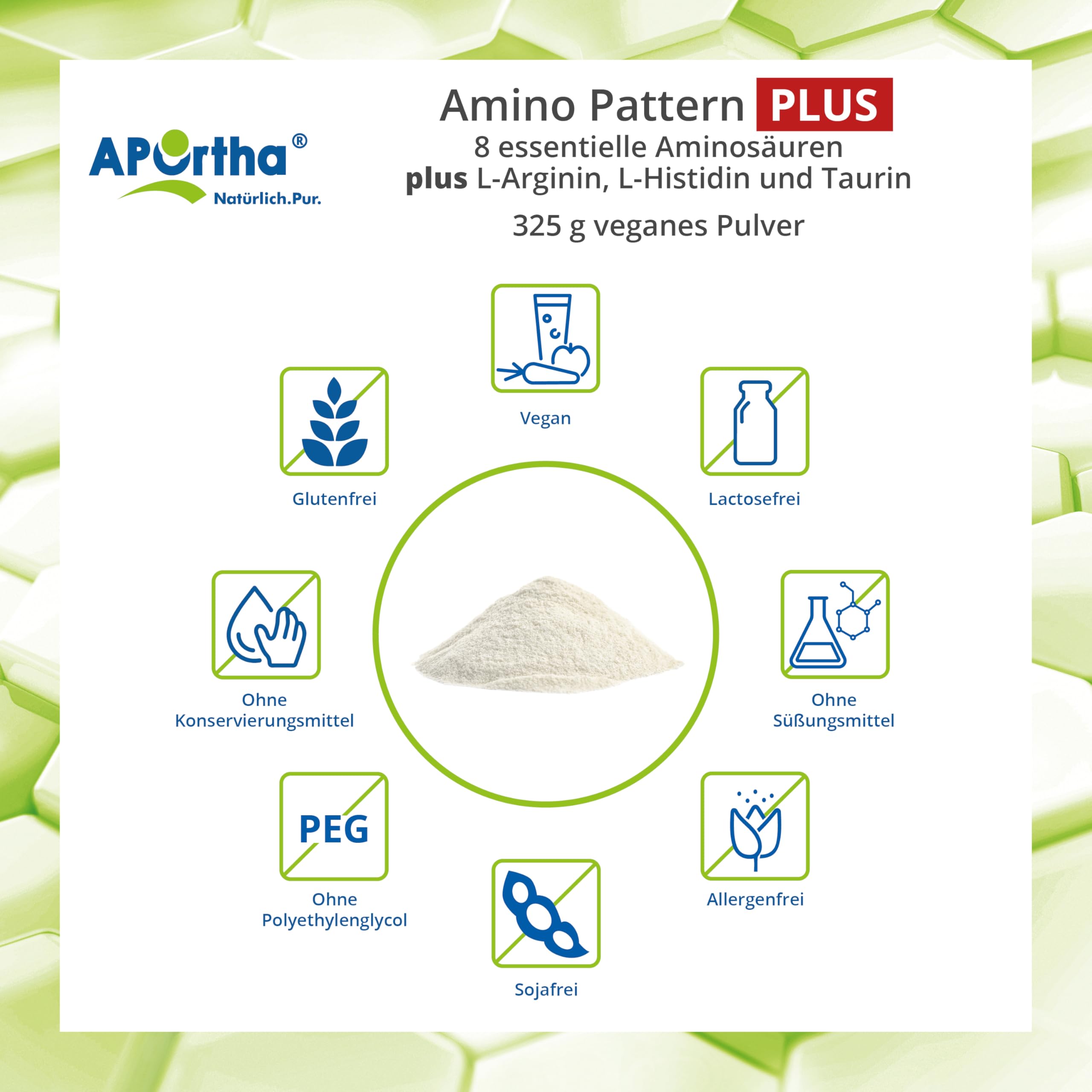 APOrtha® Amino Pattern PLUS - 325 g veganes Pulver mit 8 essentiellen Aminosäuren nach Prof. Dr. Lucà-Moretti plus L-Arginin, L-Histidin und Taurin für optimierte Eiweißversorgung, komplex hochdosiert