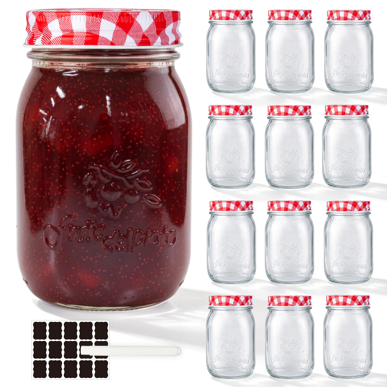 WERTIOO 12 Pack 480ml Mason Jar, Jam Jars, Jam Jars with Lids, Overnight Oats Jar, Storage Jars for Pickling, Jam, Meal Prep, Kitchen Storage
