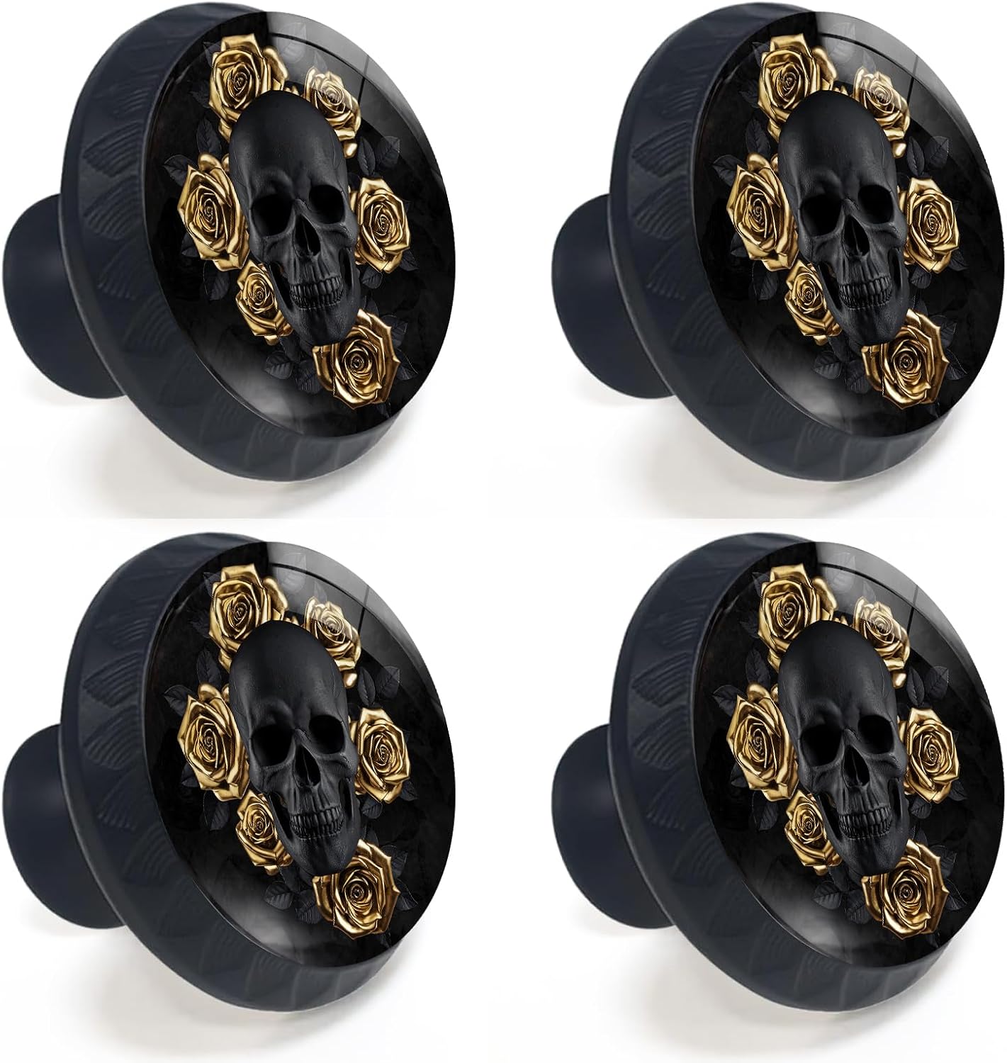 4 Pack Black Skull with Gold Roses Kitchen Cabinet Knobs Round Drawer Pulls Dresser Cupboard Door Handles