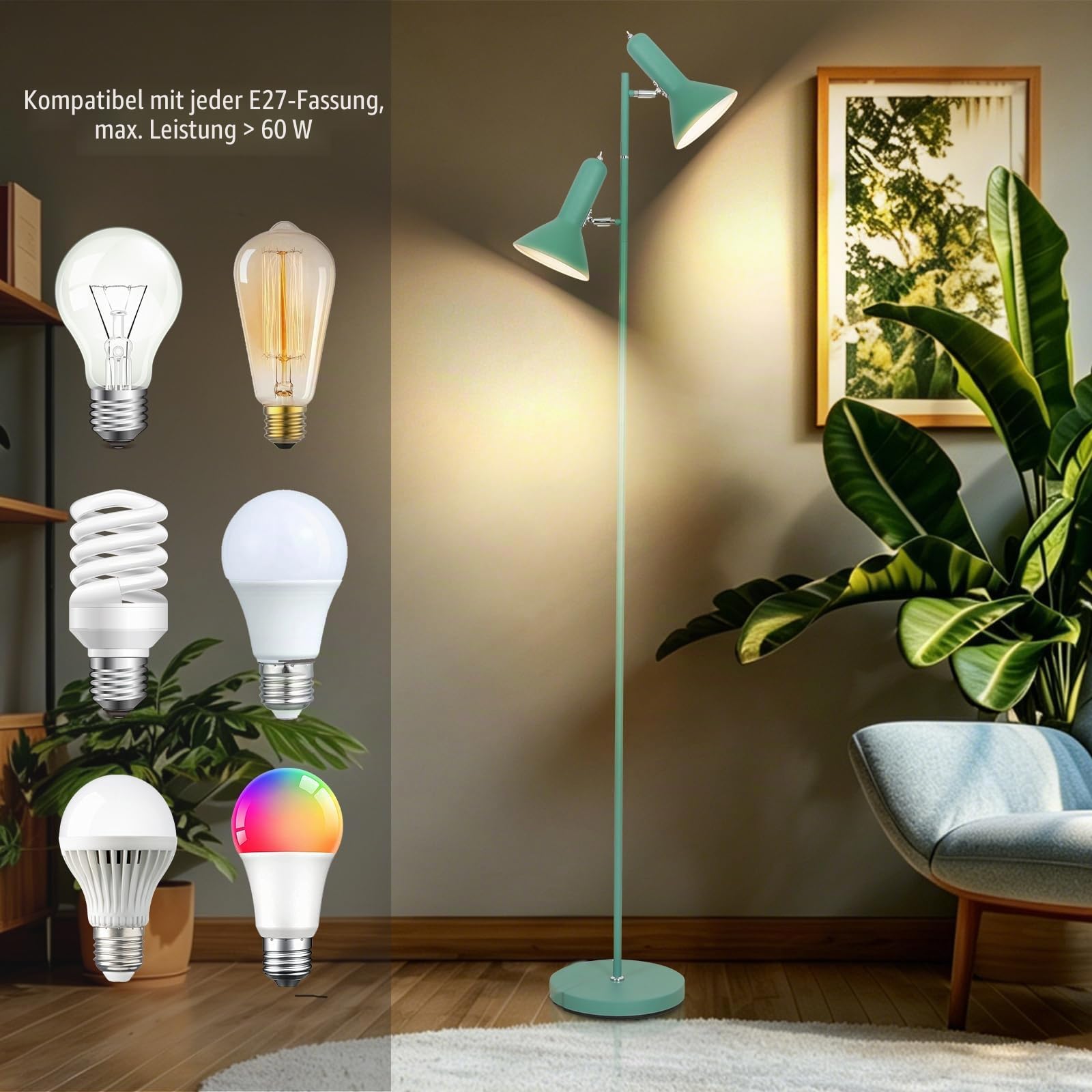 E27 Pflanzenlampe für Zimmerpflanzen, Stehlampe mit Ständer, 2 Flammig max. 60W(ohne Leuchtmittel), Metall Stehleuchte Pflanzenlicht Einstellbare Winkel mit Schalter für Sofa Wohnzimmer Büro, Grün