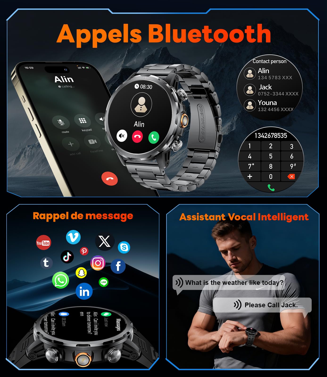 LIGE 1000 mAh Batterie Montre Connectée Homme, Smartwatch Sport avec LED Lampe Militaire, 1,85″ HD Appel Bluetooth, 100+ Modes Sport,Fréquence Cardiaque/Sommeil, 5ATM Montre Android/iOS, Gris Bleu