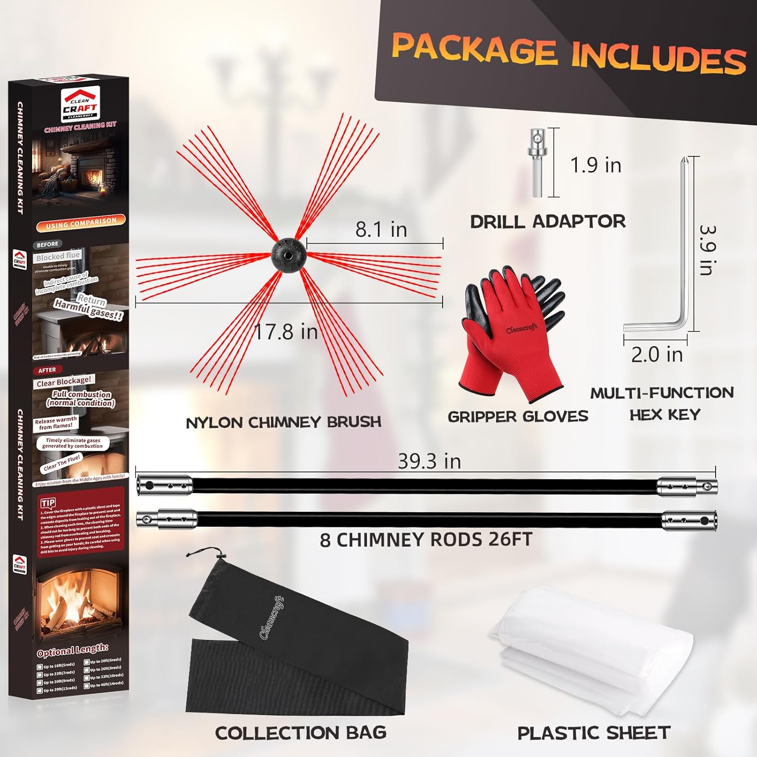 26 feet chimney sweep kit, chimney cleaning kit with 8 flexible black chimney rods, chimney brush for sweeping fireplace, rotary chimney cleaning system driven by drill black 26 feet