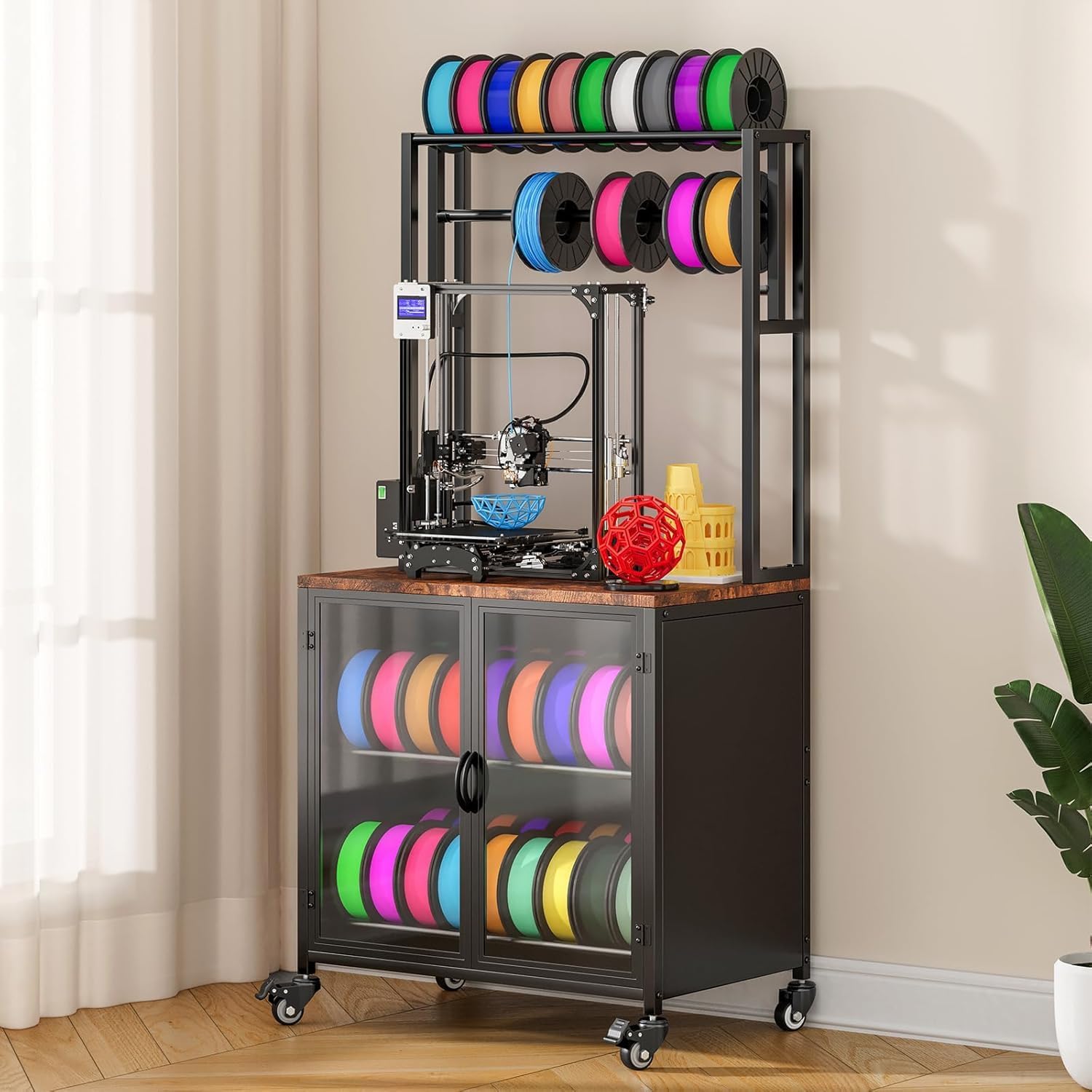 3D Printer Stand with Filament Storage, 29.5" x 18.9", Dustproof and Moisture-Proof, Heavy Duty Large Cart with 360° Rolling and Cabinet, Rustic Brown