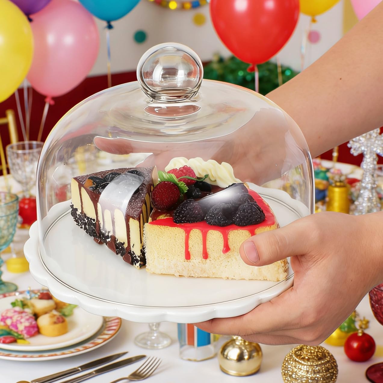 Glass Cake Dome Cover with Serving Platter, Protective Food Hood for Kitchen and Dining, Dustproof Dessert Display Tray for Bakery Pastries and Home Use