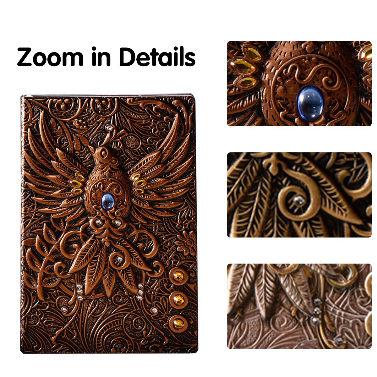 A5 Taccuino 3D in Pelle Goffrata Diario Di Viaggio Retrò Bloc Notes Quaderno Journal 100 Fogli 21.5x14.5cm per Donna Uomo Studente Amanti Della Scrittura Bronzo Rosso
