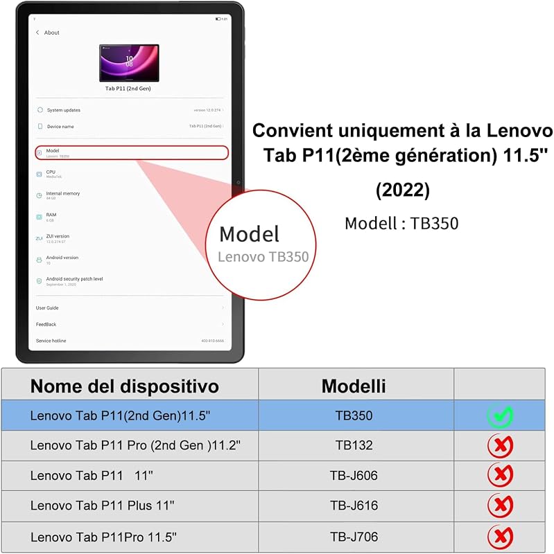SENGBIRCH Bluetooth Billentyűzetes Tok Lenovo Tab P11 2 Gen 11.5" Tablethez - Levehető AZERTY Francia Billentyűzet, Védőtok, Fekete