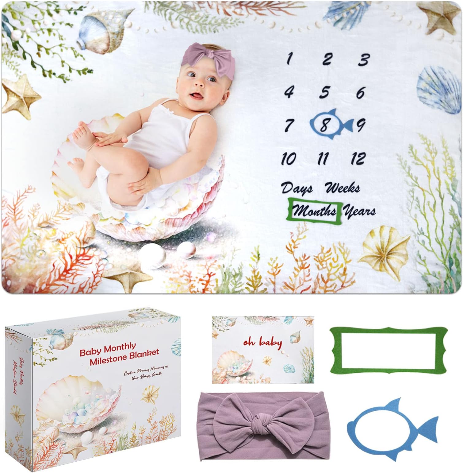 Baby Monthly Milestone Blanket for Girls - Flannel Soft and Warm Baby Growth Blanket with Mermaid Princess Theme - Perfect Newborn Photo Prop