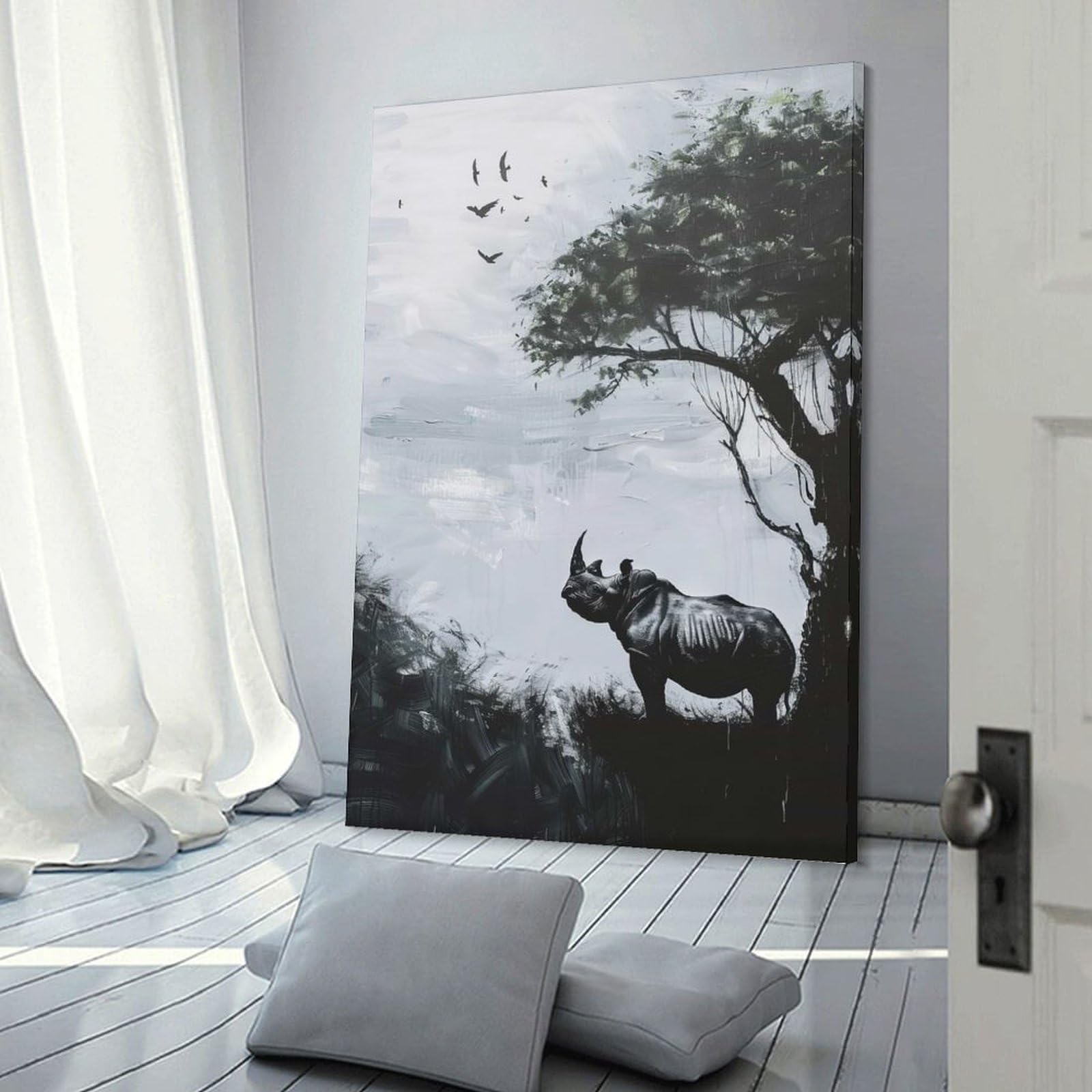 Junmoney Frame-Style-4 Rhino Silhouette Canvas Wall Decor, 24X36inch(60X90cm), For Wall Displays, Bedrooms Or Room Updates, Wall Decor Suited To Curated Displays
