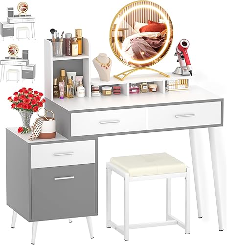 Cyclysio Escritorio de tocador con espejo y luces, tocador de maquillaje con cajones, escritorio de maquillaje moderno con gabinete reversible,