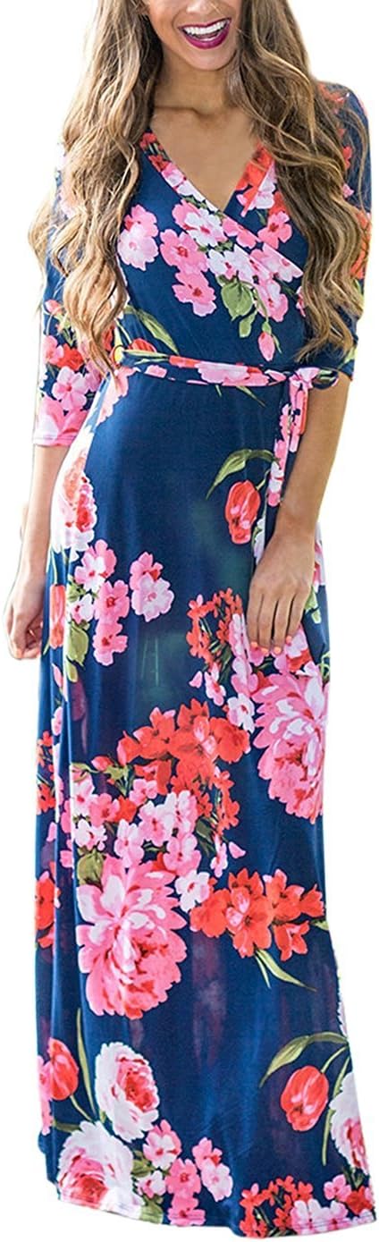 Womens Summer 3/4 Sleeve V Neck Floral Print Faux Wrap Maxi Long Dresses with Belt royal blue L