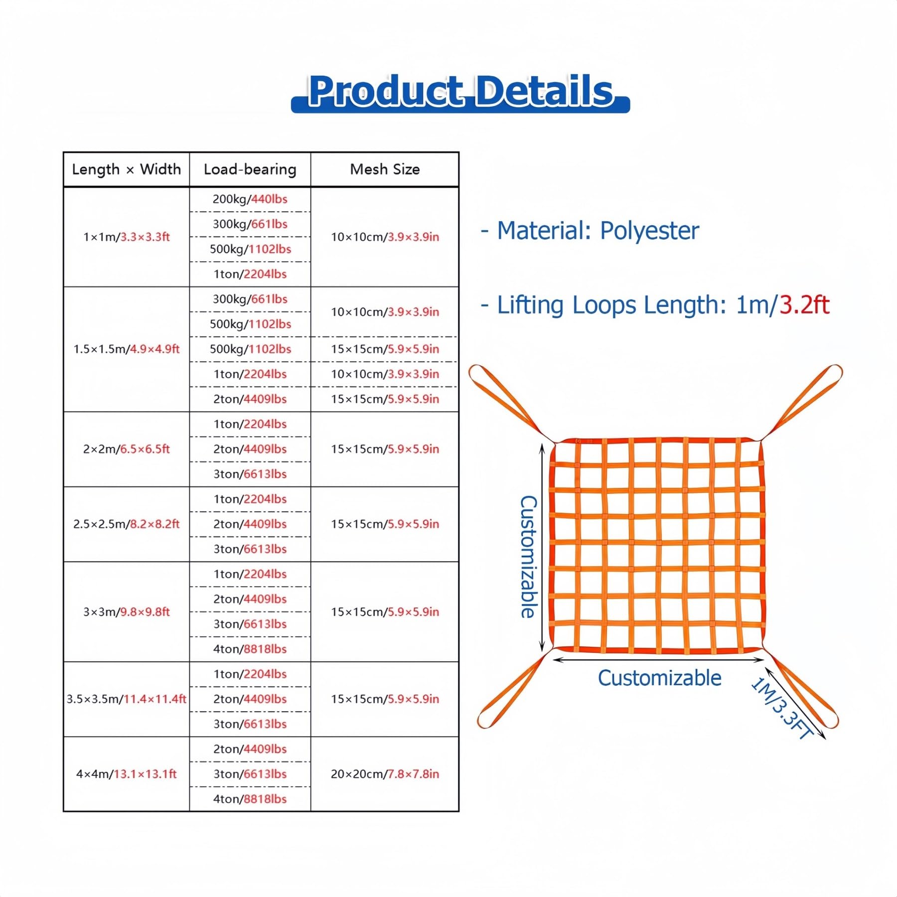 Equipos de manipulación de carga for camiones de remolque - Correas resistentes for manipulación de materiales de 1 m, 2 m, 3 m y 4 m - Redes de elevación de carga - Red de cesta de carga(2x2m(2000kg)