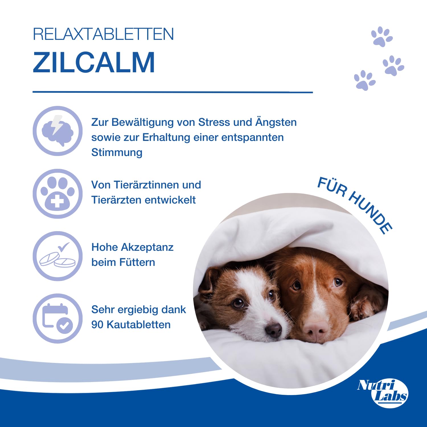 NutriLabs Zilcalm Tabletki uspokajające dla psów - 90 szt. - z białkiem mleka, ashwagandhą, probiotykami, tryptofanem L itp. - produkty uspokajające dla psów - suplement diety dla psów