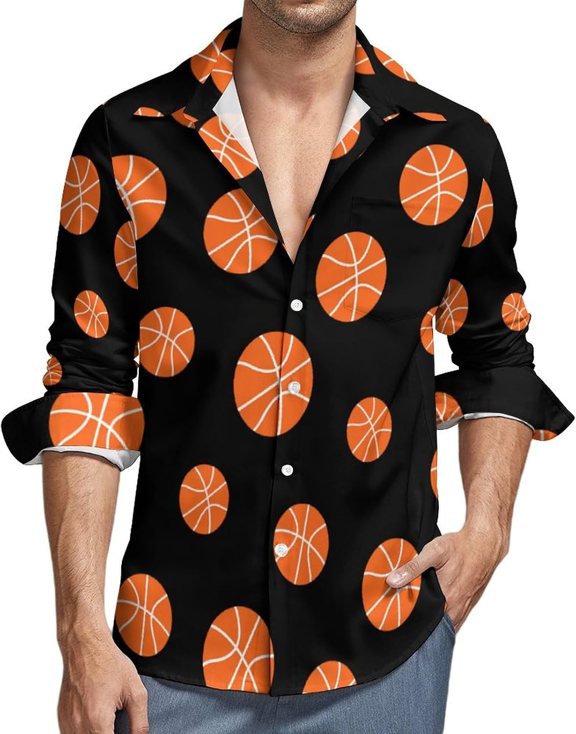 Basketball Novelty Men's Long Sleeve Shirts Casual Button Down Shirt Pullover Tops