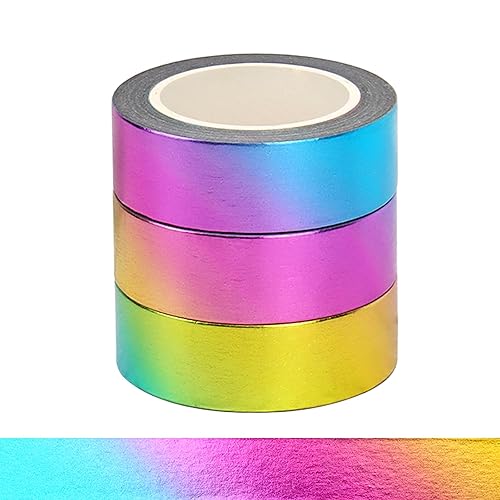 NatSumeBasics 3 Rainbow Washi Tape Metallic Masking Tapes 32ft. x 0.6in. Craft Foil Washi Tapes Stickers Self-Adhesive DIY Decoration TV Wall Holiday (Rainbow) - 3 Rolls Rainbow