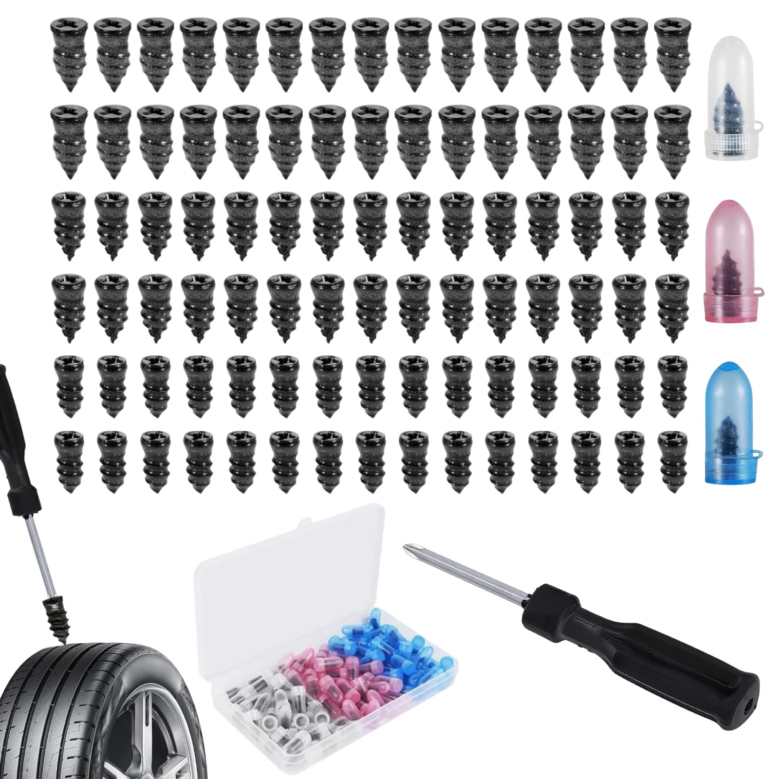 WZHHDM 101PCS Tyre Repair Screws, 3 Sizes Car Tyre Puncture Repair Screws With Screwdriver, Tire Repair Screw Plugs Tyre Screw Repair Kit For Auto Car Motorcycle