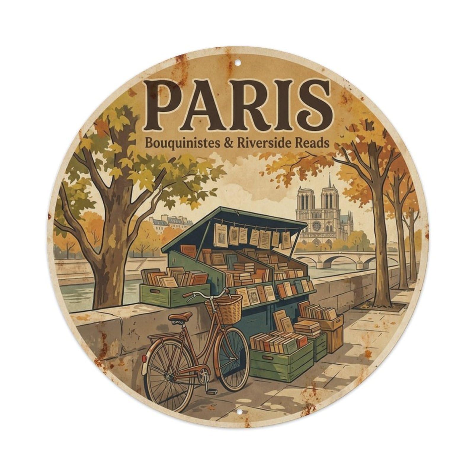 Olhnbad Style Bouquiniste Riverside Reads Culture Paris Travel Metal Tin Sign