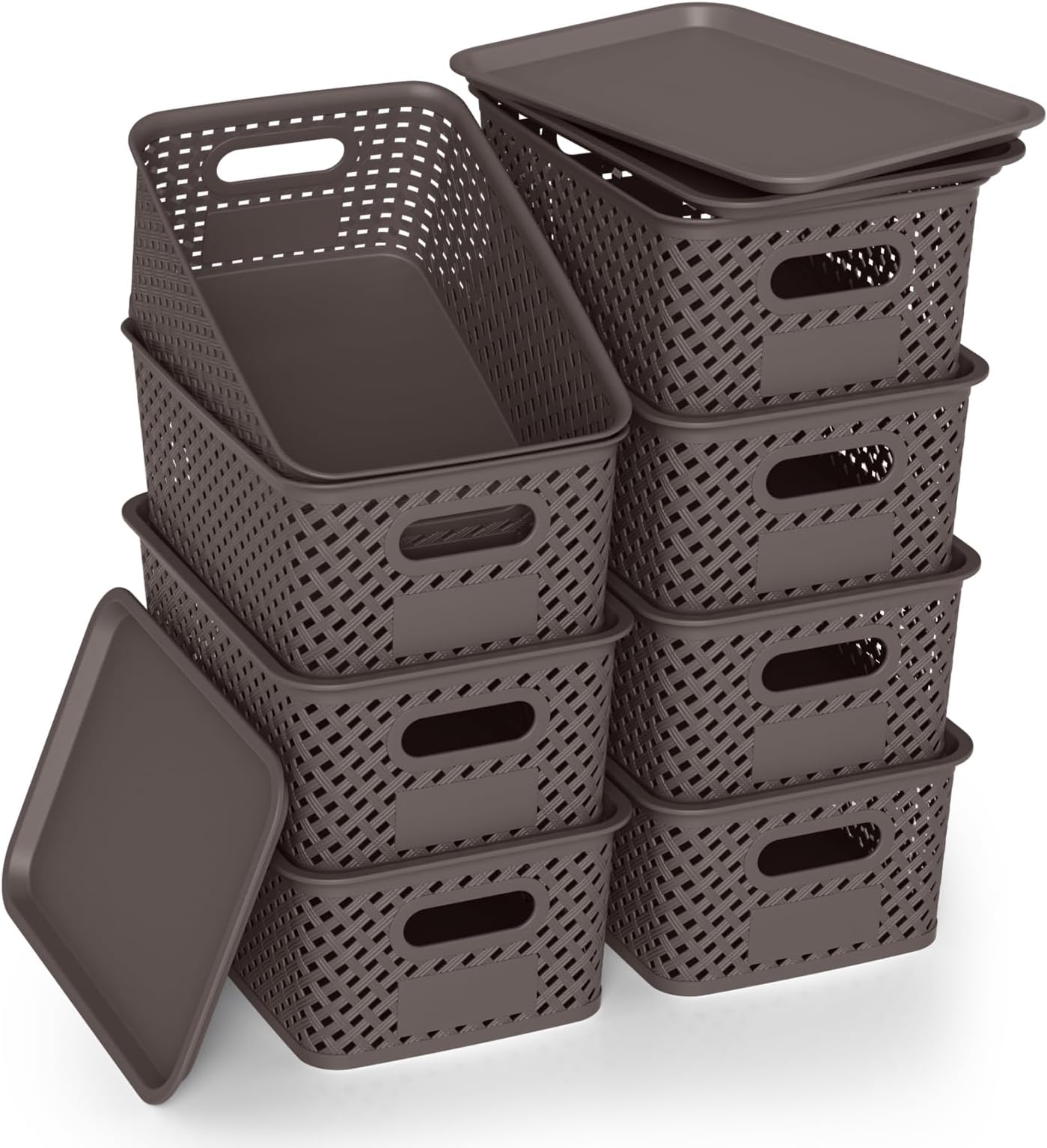 Plastic Storage Bins with Lid, Stackable Small Box Basket for Organizing and Containers for Shelves Drawers Desktop Closet Playroom Pantry Classroom Office Home, 8-pack 10.2x7.2x4.1 Inch, Brown