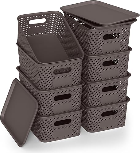 Miniatura 16 de Contenedores de almacenamiento de plástico con tapa, cesta pequeña apilable para organización y contenedores para estantes, cajones, escritorio,