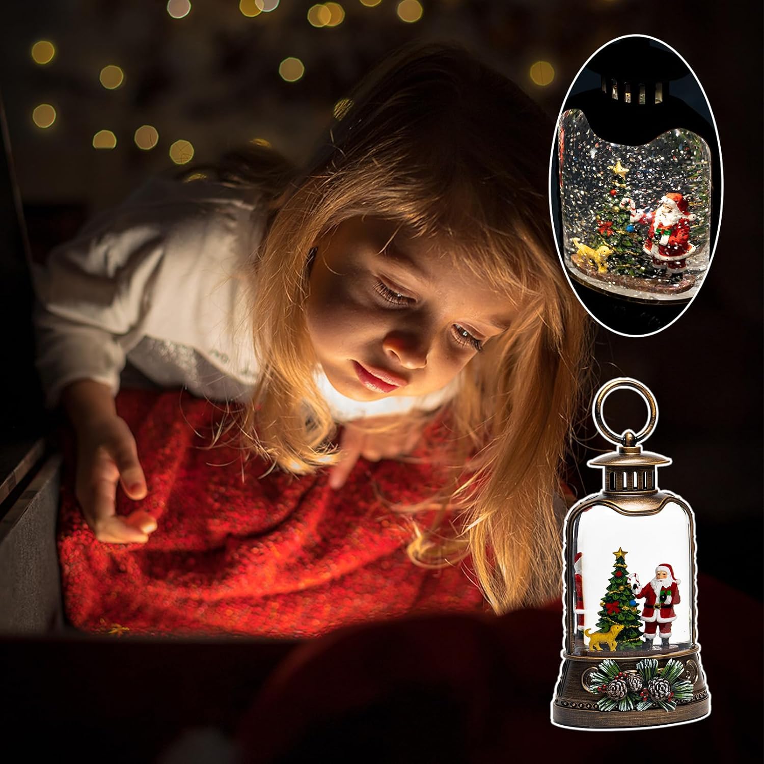 9.6" Christmas Snow Globe Lantern with Santa Claus - Water Swirling Glitter LED Light Musical Lantern with Exterior Decor - Vintage Xmas Gifts - USB Plug or Battery Operated Home Decor (Santa & Dog) - Image 6