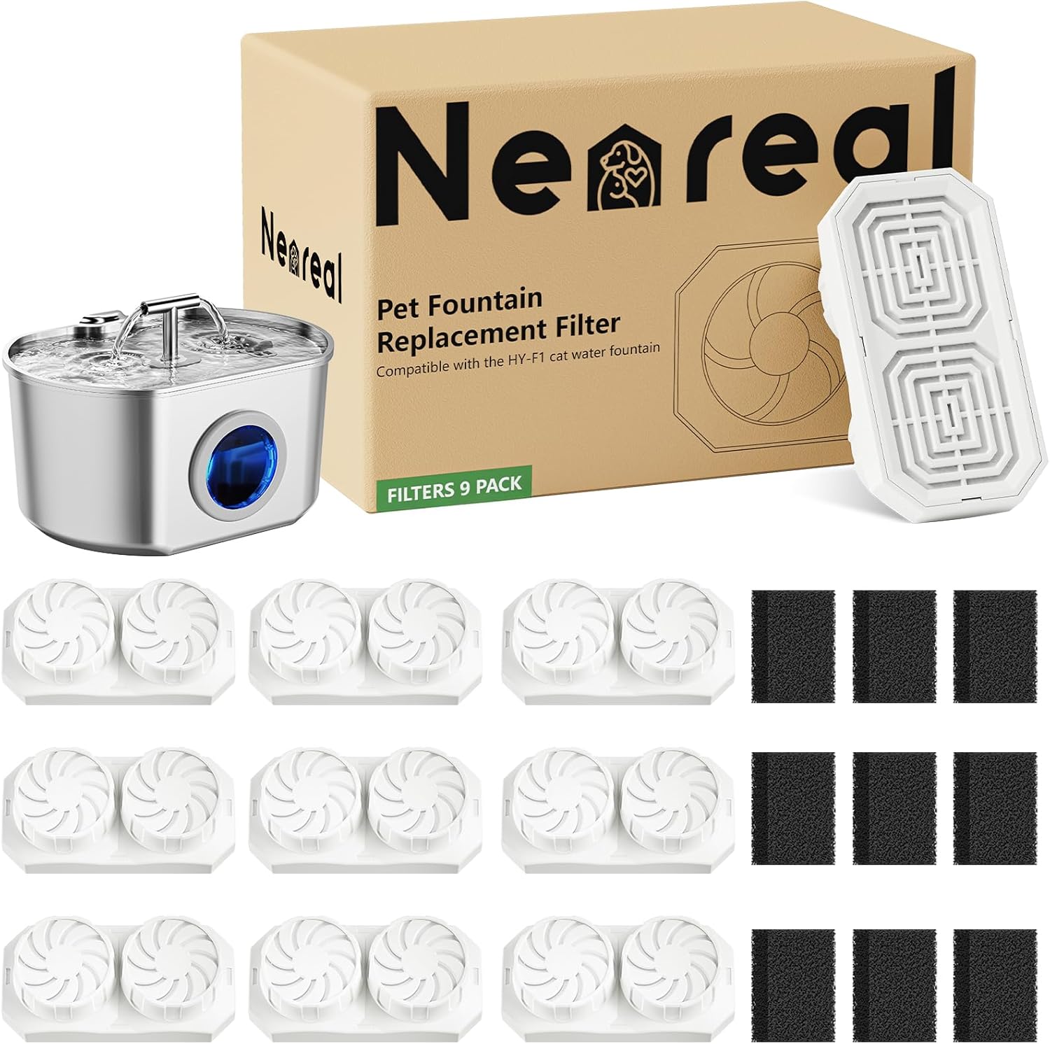 Neareal Official Cat Fountain Replacement Filters & Pre-Filter Sponges for 74oz/2.2L Stainless Steel Pet Water Fountain (9 Pack)