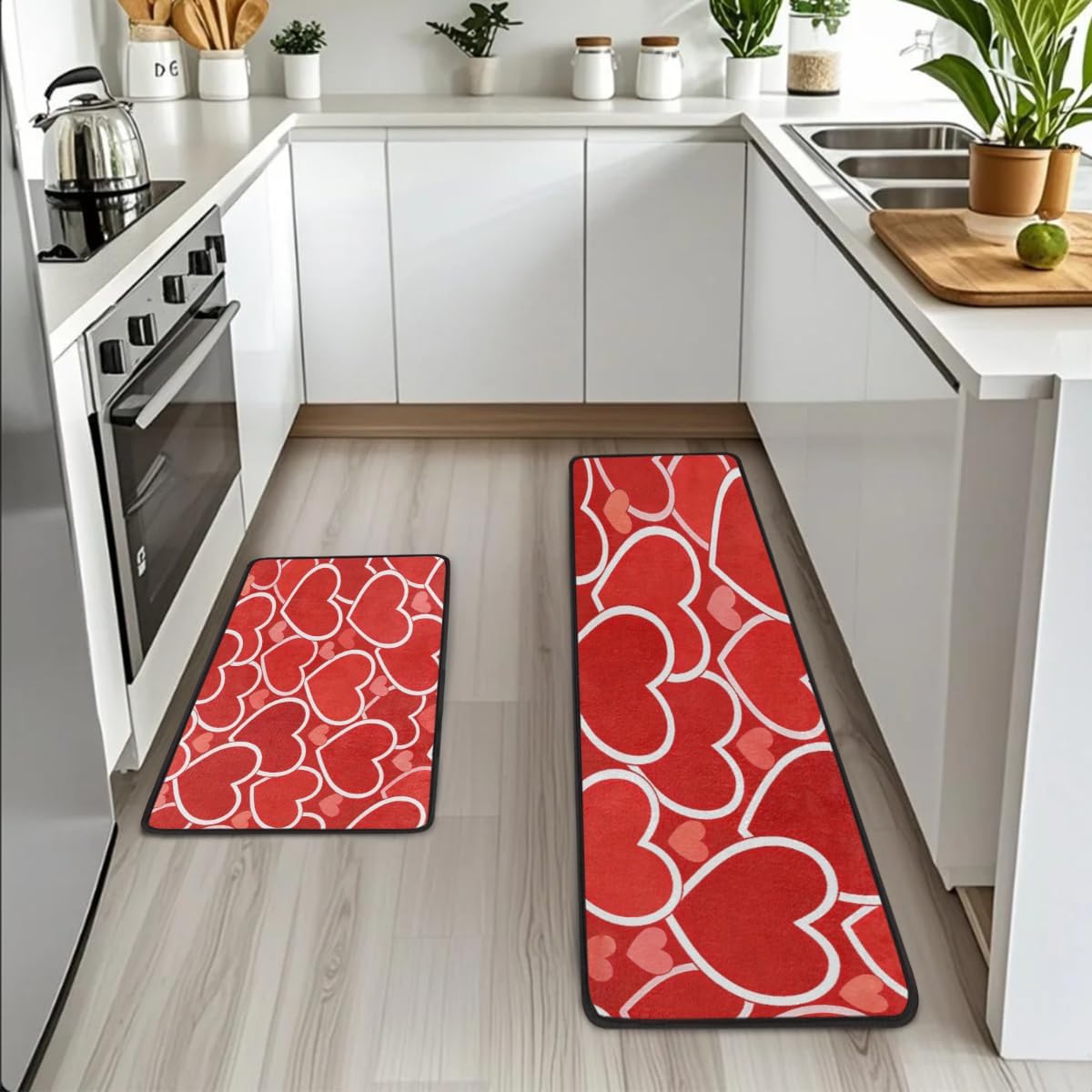 Anti Fatigue White Outline Hearts Kitchen Mats for Floor 2 Piece Set, Waterproof Non Slip Boho Kitchen Floor Rugs, Comfort Standing Mat for Sink Laundry & Home Kitchen 17"x47"+17"x29"