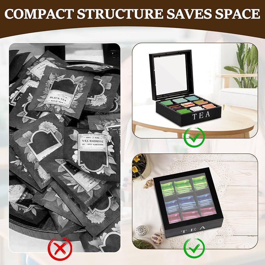 Wooden Tea Storage Box, Wood Tea Organizer, 9-Compartment Box Holder With Clear Lid For Sugar, Coffee , Instant Coffee Packets