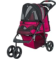 Petique Razzberry Pet Stroller for Dogs Cats up to 55lbs - Easy One-Hand Fold, Mesh Windows, Large Storage Basket, EVA Tires