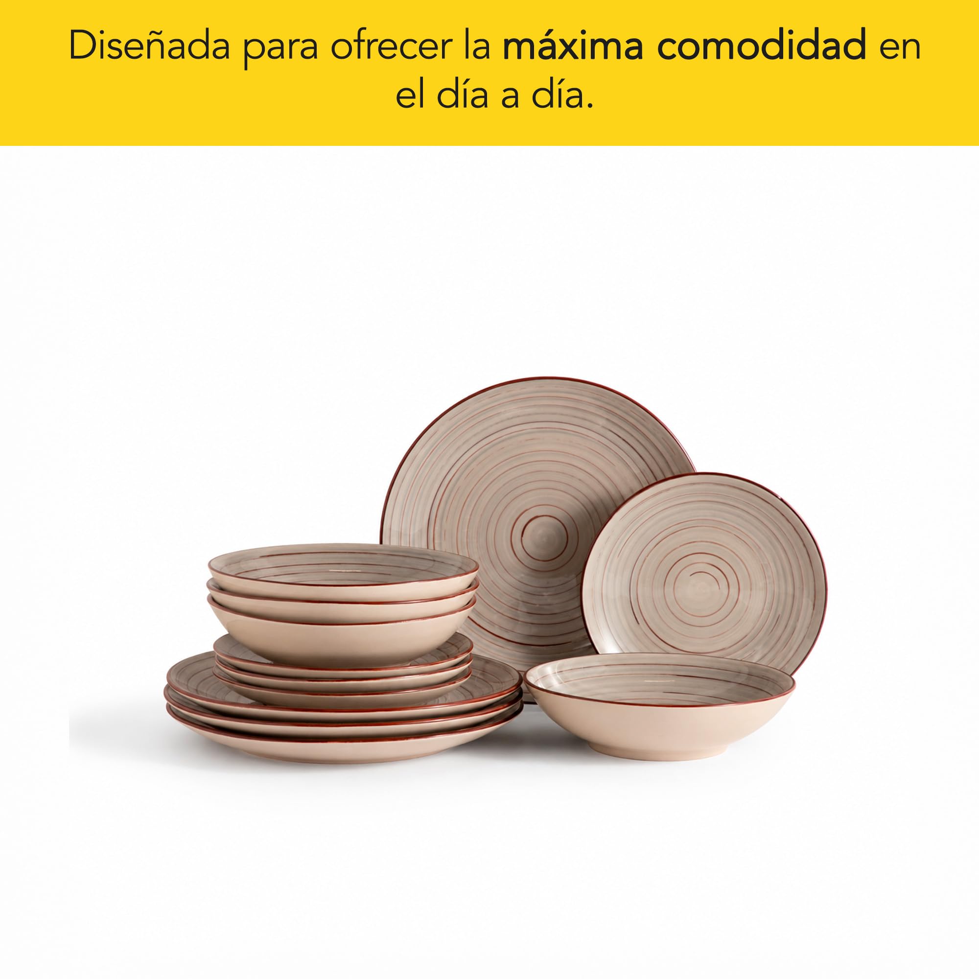 CASTEY - Vajilla Maia Terra de 12 Piezas para 4 Personas, Loza Cerámica Resistente, Incluye 4 Platos Llanos, 4 Platos Hondos y 4 Platos de Postre, Apta para Microondas y Lavavajillas, Fácil Limpieza