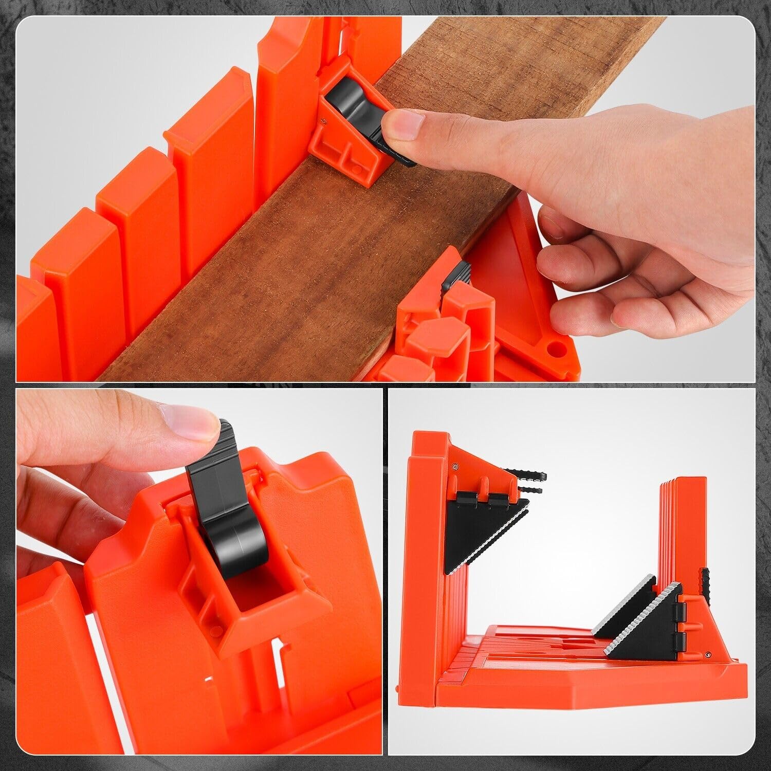 Boîte à onglets et scie en plastique de 35,6 cm, scie arrière en acier renforcé pour une coupe précise, préréglée à 90 degrés, 45 degrés, 22,5 degrés et 0 degré.